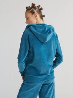Nicki-Kapuzenjacke Aus Bio-Baumwolle - Donaublau -MELA Geschaft 1271 044 vegane Kapuzenjacke aus samitgem Nicki Stoff fair trade GOTS zertifiziert petrol schimmernd 1280x1280