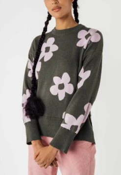 Fairtrade Jaquard Strickpullover Faiza Aus Bio-Baumwolle - Grün Melange / Lilac Blume