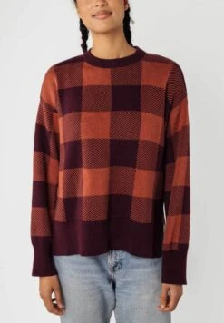 Fairtrade Jaquard Strickpullover Faiza Aus Bio-Baumwolle - Rosine / Mahagoni Melange Karo