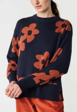 Fairtrade Jaquard Strickpullover Faiza Aus Bio-Baumwolle - Navy / Mahagoni Melange Blume